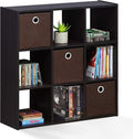 Furinno Simplistic 9-Cube Organizer with Bins, Small Size (Assembled Unit Dimensions : 7.9"D x 26.5"W x 26.7"H Inches), Dark Walnut