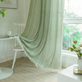 Deeprove Green Boho Curtain 72 Inches Long for Bedroom Living Room, Cotton Linen Weighted Stripes Embroidery, Semi Blackout Bohemian Farmhouse Window Treatment Drape Tassels 1 Panel W52 x L72, Sage