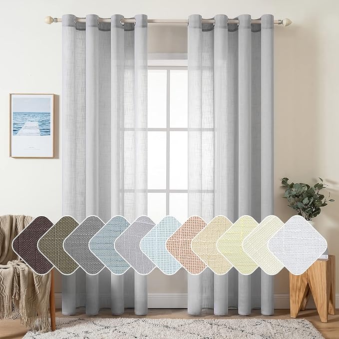 MIULEE 2 Panel Natural Linen Long Semi Sheer Window Curtains - Elegant Solid Light Grey Drapes with Grommet Top - Voile Panels, Linen Textured for Bedroom & Living Room (52X108 Inch)
