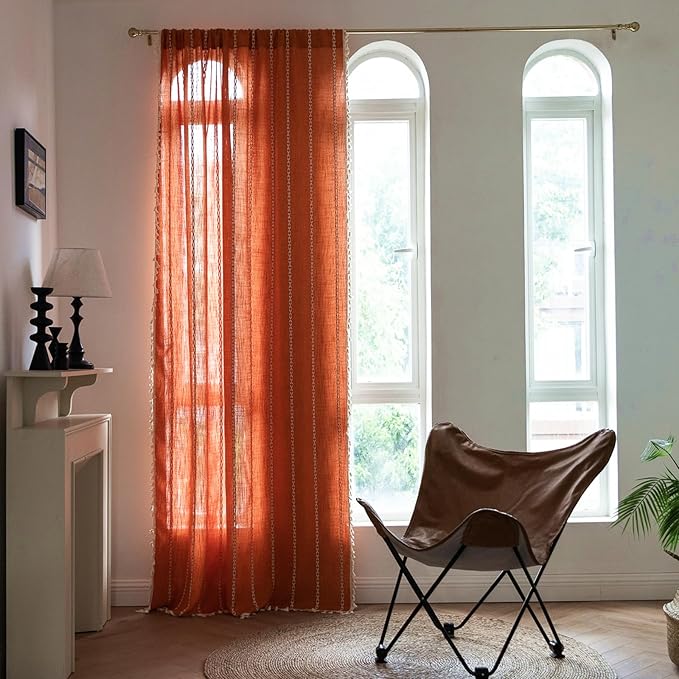 Deeprove Orange Boho Curtains 84 inches Long with Tassel for Bedroom Living Room, Bohemian Farmhouse Terracotta Cotton Linen Burnt Country Window Treatments Fall Halloween Decor, W52 x L84, 1 Panel