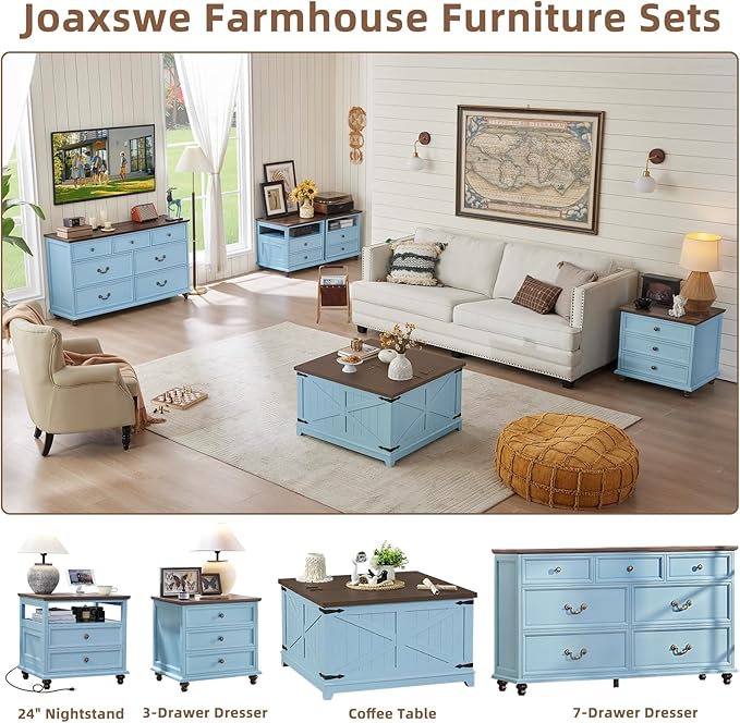 Farmhouse Dresser and Nightstand Sets, Wood 54" Wide Dresser & 24" Night Stand with Charging Station, 2 Piece Bedroom Furniture Set, Chest of Drawers for Bedroom, Home, Living Room, Hallway