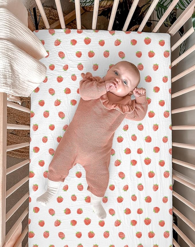 Crib Sheets for Baby Boy Girl 2 Pack, Fitted Crib Mattress Sheet 28" x 52", Muslin Toddler Bedding with Neutral Style, Nursery Bedding Essentials (Strawberry & Pale Pink)