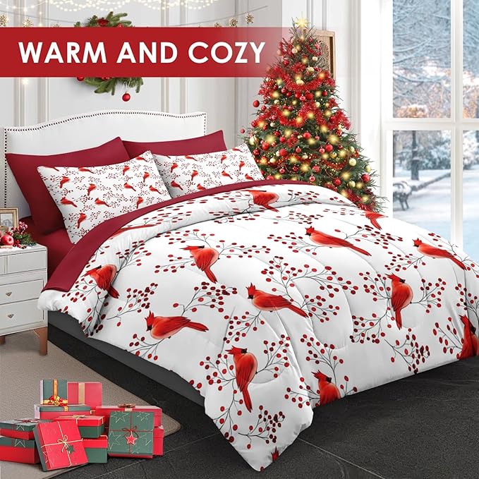 5 Pcs Twin Size Christmas Comforter Set with Pillowcase & Sham, Winter Cardinal Bird Bedding for Kids and Adults, Berries Branches Bed in a Bag with Flat Fitted Sheet