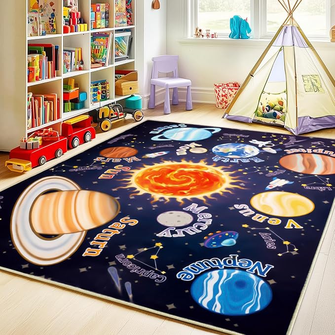 Kids Rugs for Playroom, 3x4 Feet Educational Rug for Learn The ABC Alphabet, Soft Machine Washable Non-Slip Cute Space Galaxy Carpet for Classroom Toddler Nursery Kids Room Decor Mat