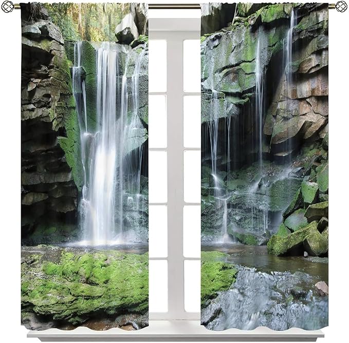 Forest Waterfall Blackout Windows Curtains, Rocky Waterfall to Pond Running Off Scenic Nature Themed Picture Print Curtains, for Living Room Bedroom 42x54in 2 Panels