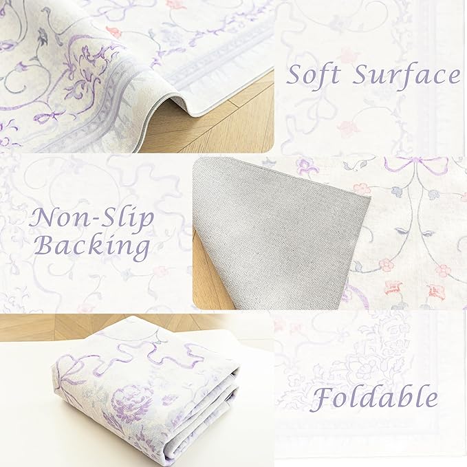 Pastel Purple Rug for Bedroom Dorm Kids Play Room - Light Lavender Blue Pink 5x7 Washable Whimsical Fairy Bow Floral Fun Area Rug for Girls Room Nursery Toddler
