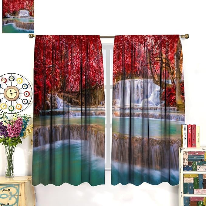 Natural Landscape Waterfall Blackout Curtains, Scenic View Waterfall Forest Autumn Window Drapes, for Bedroom Living Room 72" W X 63" L