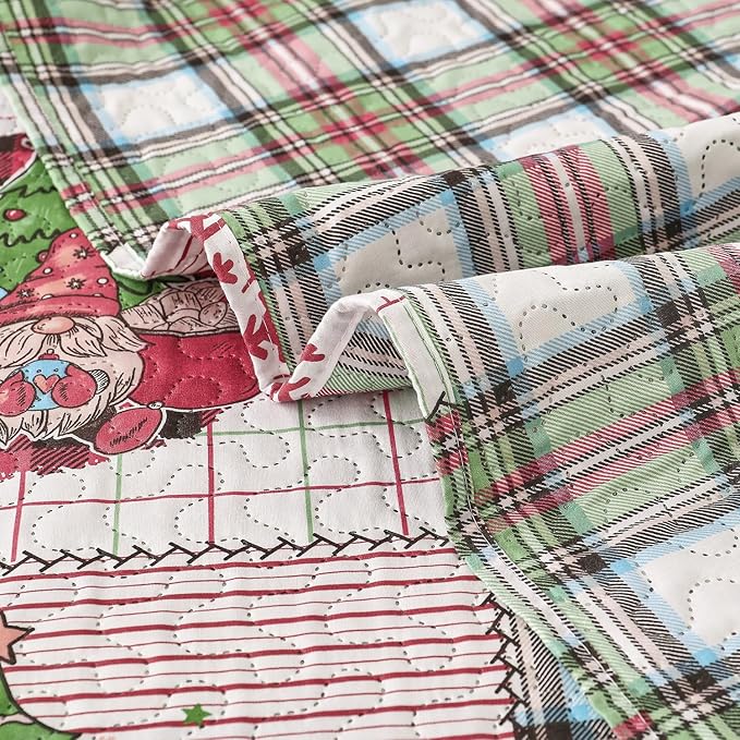 Christmas Bedding Set Twin Christmas Quilt Bedspread Xmas Coverlet,Red Green Plaid Patchwork Christmas Quilt Bedding Holiday Christmas Quilt Bedspread Lightweight Reversible Gnome Christmas Decor Gift