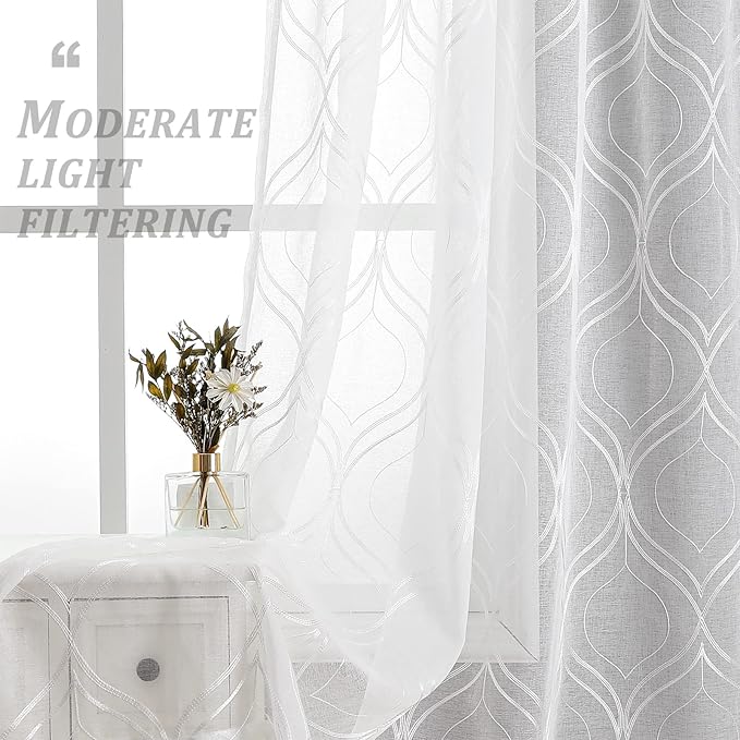 VISIONTEX White Sheer Curtains 95 Inches Long 2 Panels Set Moroccan Embroidered Curtains Trellis Decor French Textured Rod Pocket Voile Tulle Semi Window Drapes for Bedroom Living Room 54 x 95 Inches