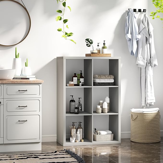 14.6 * 43.8 * 30.7 inches 2x3 Cube Storage Book Shelf, Engineered Wood 6 Cube Closet Organizer with Open Shelves, Wooden Storage Cubes for Bedroom, Bathroom, Office, Light Gray