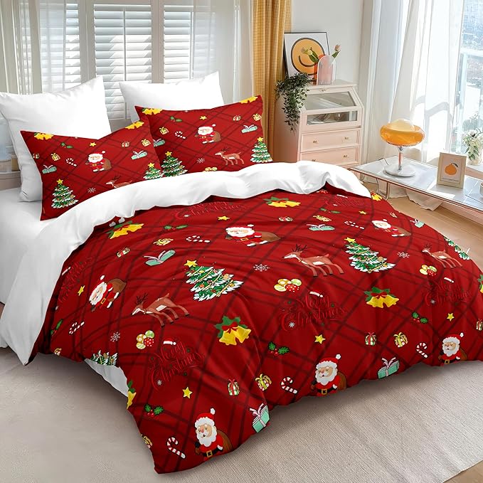 Christmas Duvet Cover Twin Size Red Gingham Christmas Bedding Set Kids Boys Girls Xmas Grid Checked Cartoon Deer Pattern Comforter Cover 2 Pcs with Zipper Closure (No Comforter)