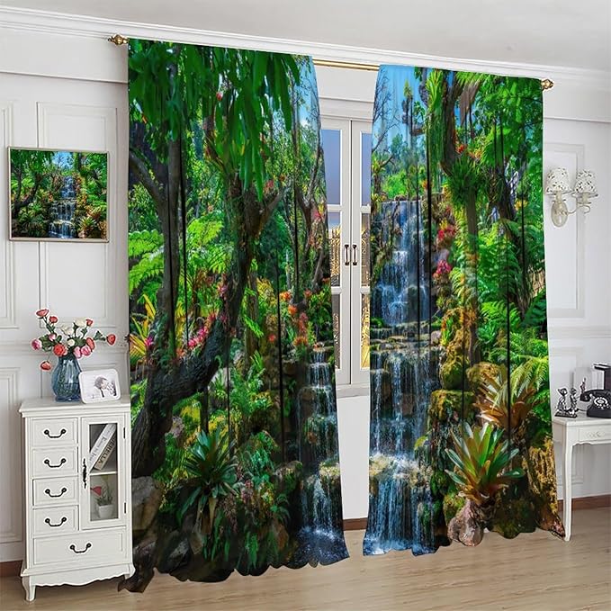 Waterfall Blackout Window Curtains, Spring Forest Nature Landscape Theme Pattern Print Window Drapes, for Living Room Bedroom 42x63in 2 Panels