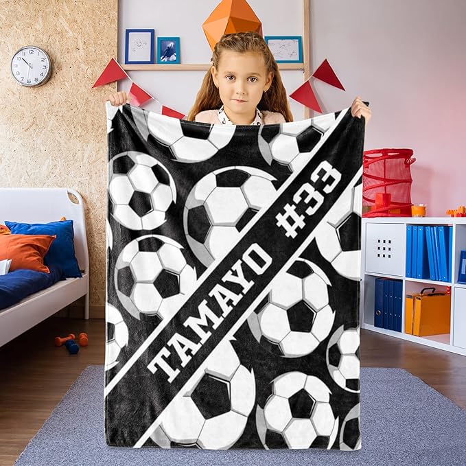 Custom Kids Soft Blanket: Personalized Gift for Soccer Football Basketball Softball Lovers Name and Number - Flannel Toddler Bed Blankets (40X50inch)