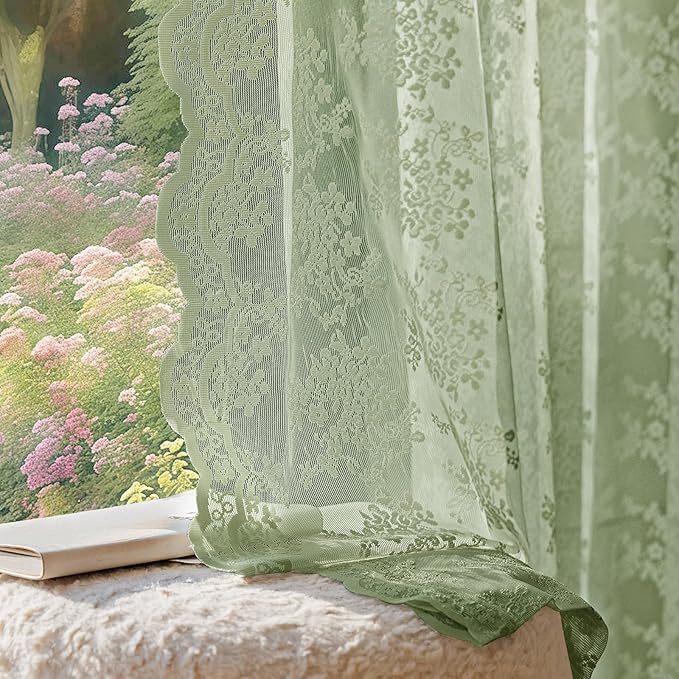 Anmao Vintage Sage Green Lace Curtains 45 Inches Long 2 Panels Sets, Romantic Light Filtering Semi Sheer Floral Thick Lacy Curtain Drapes for Living Room and Bedroom, Each Panel 55W x 45L, Sage Green