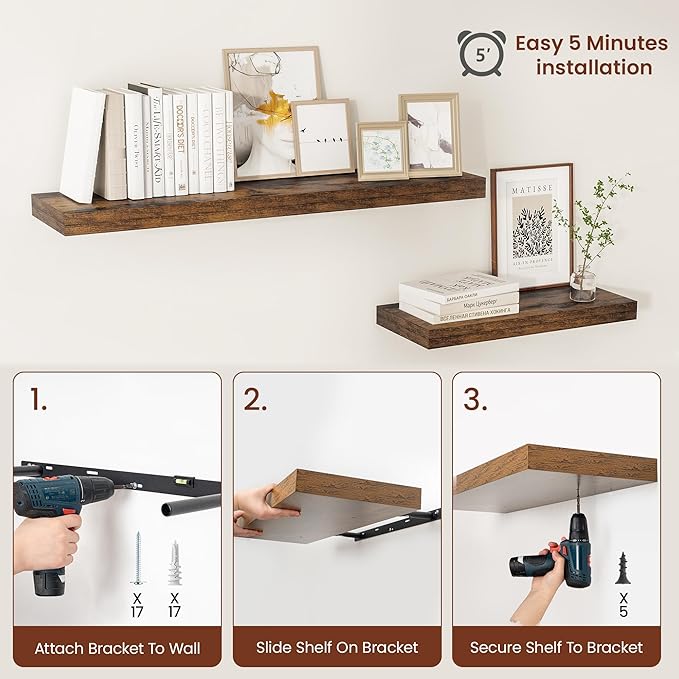 Vivelove 12" Deep Floating Shelves 24/36/48/55" Long, Wall Shelves for Living Room Bedroom Bathroom Kitchen Laundry Room, Farmhouse Rustic Shelves for Home Decor, 48" X 12" X 2" Set Of 2, Rustic Brown