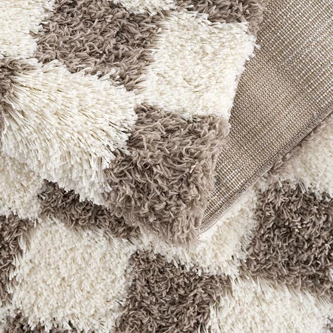 Hauteloom Atira Contemporary Checkered Fluffy Shag Area Rug - Modern Geometric Carpet Tiles for Living Room, Kids Room, Nursery - Plush Pile - Brown, Cream, White - 7'10" x 10'3"