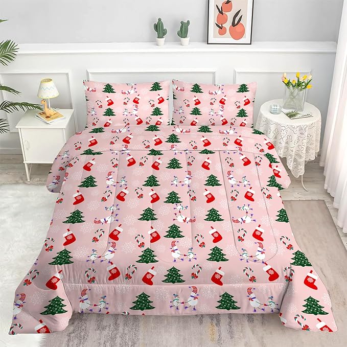 Pink Christmas Comforter Queen: Cartoon Xmas Snowman Bedding Sets Queen Size for Teen Girls Women Adults Christmas Tree Snowflakes Quilt Bed Set 1 Comforter & 2 Pillowcases