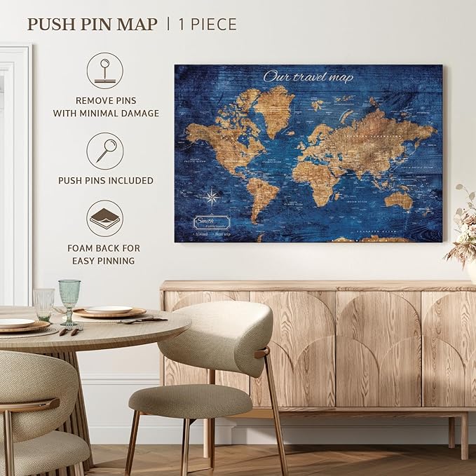 ElephantStock - Personalized Our Travel I Push Pin World Map Wall Art - Horizontal Canvas Wall Art - Living Room Wall Decor - Digital Art Map Canvas Art - Brown And Blue Decor - 24" x 16"
