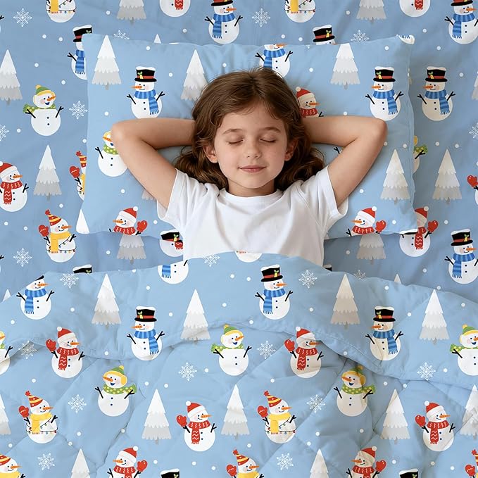 LONAVA Winter Toddler Kids Comforter Set - 4 Pieces Toddler Bedding Sets for Boys Girls Children, Ultra Soft Microfiber Bed in A Bag with Flat Fitted Sheets, Snowman