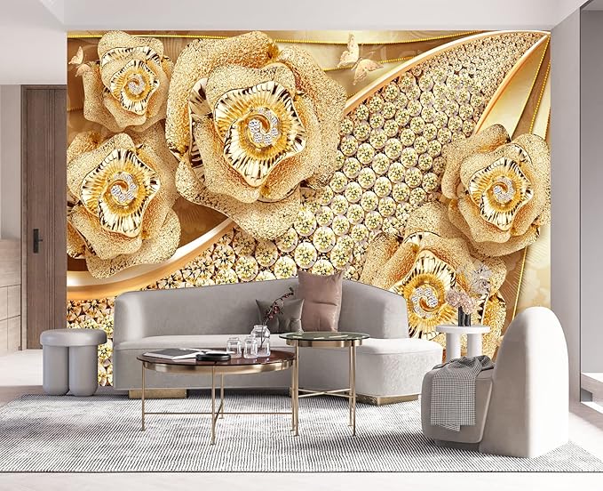 Golden Jewelry Diamond Rose Butterfly Wall Mural Wallpaper for Bedroom 137" x 100"