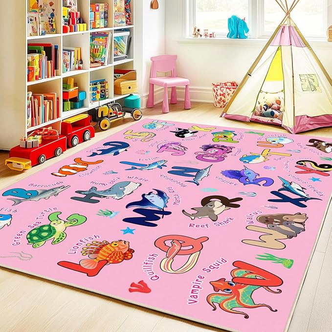 Kids Rug for Playroom, 5x7 Feet Educational Rug for Learn The ABC Alphabet, Soft Machine Washable Non-Slip Cute Marine Organisms Carpet for Classroom Toddler Nursery Kids Room Decor Mat, Pink