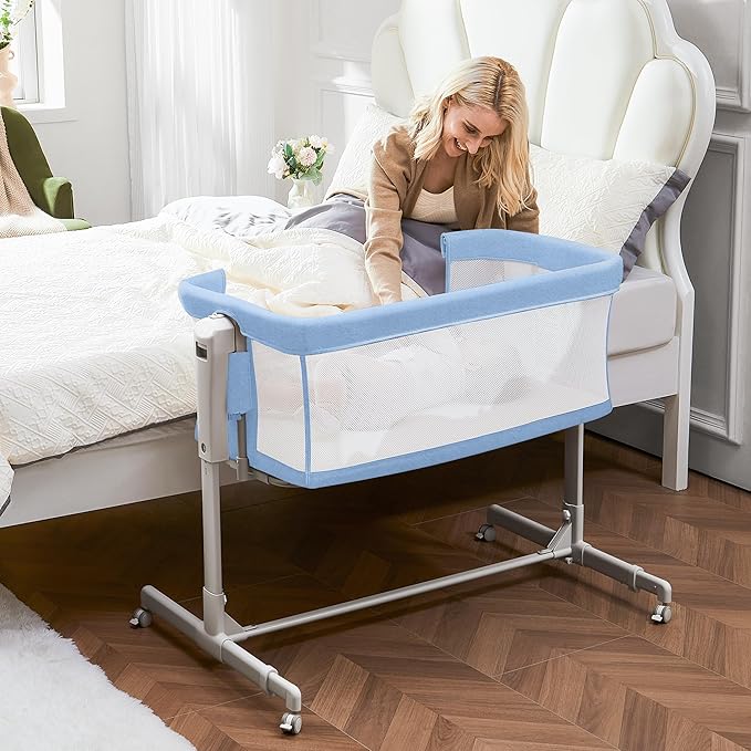 Baby Bassinet Bedside Sleeper 3-in-1, Easy Night Feeding with One-Side Fold & Rolling Wheels, Breathable Mesh, 6-Height Adjustable, Soft Mattress for Newborns
