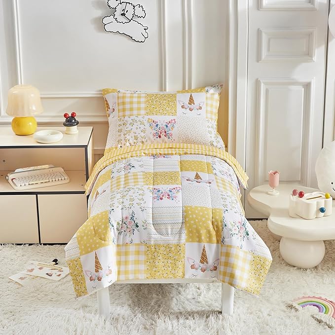 Joyreap 4 Piece Toddler Bedding Set for Girls- Butterflies Flowers Yellow n White Patchwork Design, Microfiber Toddler Bedding Comforter Set for All Seasons