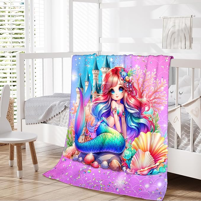 Mermaid Blanket for Girls 4-6, Throw for Toddlers Kid Teens 40x50 Inches Soft Cozy Throw Blankets for Mermaid Lovers Daughter Sofa Couch Bed Trip