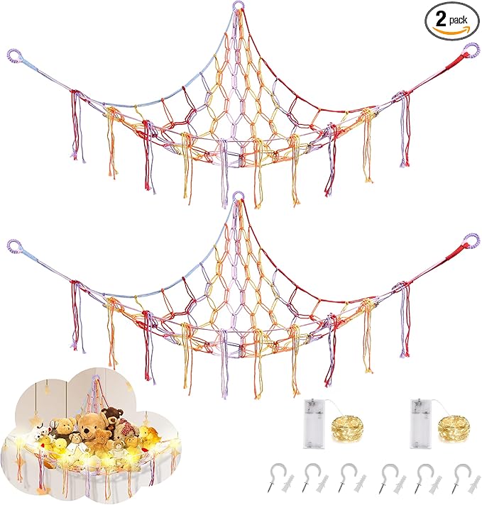 Stuffed Animal Hammock with LED Light, Large Stuffed Animals Storage Corner Plushie Net for Kids Room Decor, 2 Packs Rainbow