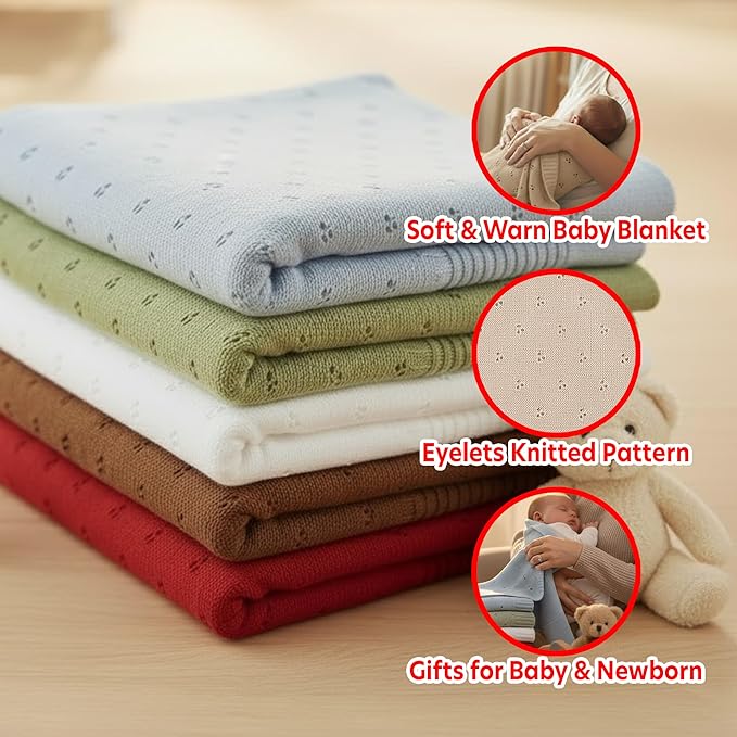 Baby Knit Blanket, 100% Cotton Eyelet Patterns, Soft, Cozy, Lightweight Swaddle for Newborn & Infant Swaddling Beige Neutral, Perfect Baby Shower Ideas Beige 28x36