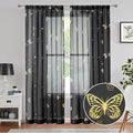 Jubilantex Black and Gold Butterfly Sheer Curtain Panels for Bedroom, Linen Textured Metallic Print Patterned Voile Rod Pocket Curtain Drapes 84 Inch Long for Bedroom, 2 Panels