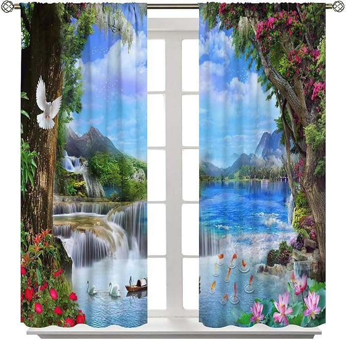 Spring Jungle Waterfall Blackout Window Curtains, Tropical Rainforest Floral Tree Waterfall Landscape Print Window Drapes, for Living Room Bedroom 42x45in 2 Panels