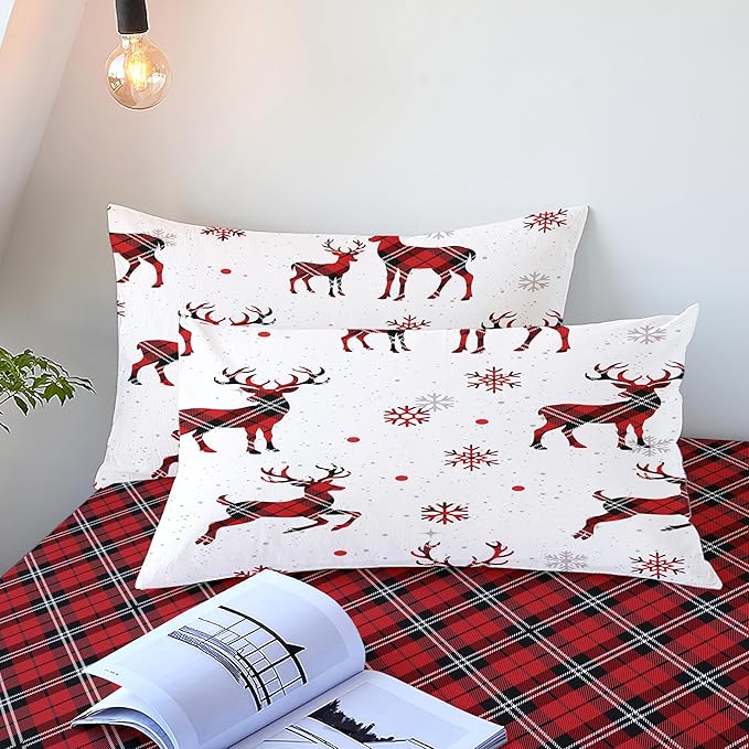 Christmas Duvet Cover Twin Size Red Gingham Christmas Deer Bedding Set 2 Pieces Kids Boys Girls Grid Checked Xmas Snowflake Elk Comforter Cover with Zipper Closure And 1 Pillowcase (No Comforter)