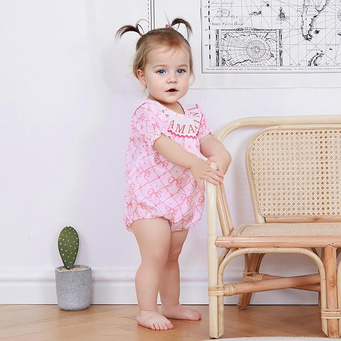 Newborn Baby Girl Romper Mamas Mini Bow Plaid Print Puff Sleeve Smocked Bubble Romper Jumpsuit Bodysuit Clothes