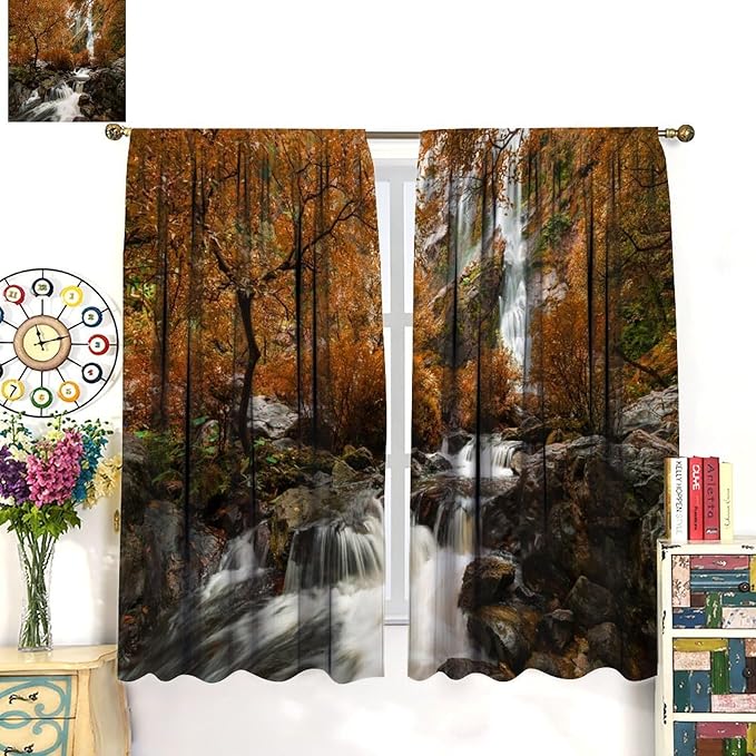 Forest Waterfall Blackout Curtains, Autumn Jungle Mountains Fall Nature Landscape Window Drapes, for Bedroom Living Room 52" W X 84" L