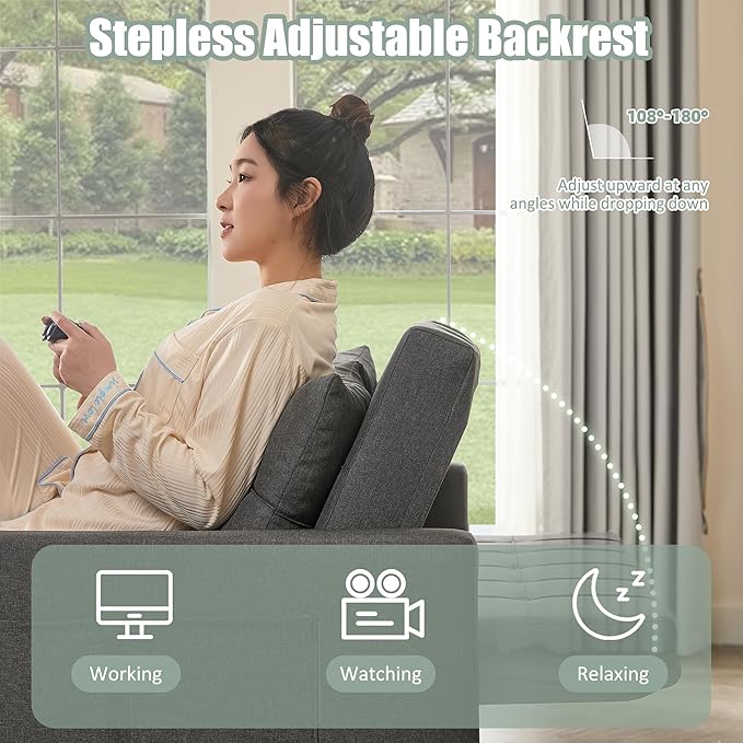52" Sleeper Sofa with Pull-Out Bed, 3-in-1 Convertible Sofa Bed, Loveseat with Stepless Adjustable Backrest and Side Pocket, for Living Room Dorm Apartment, Linen, Dark Gray