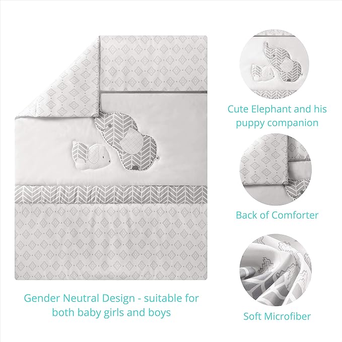 La Premura Baby Crib Bedding Set for Boys, Gray Elephants & Puppy 3 Piece Standard Size Grey Crib Set, Fitted Sheet, Quilt & Skirt, Unisex Nursey Bedding and Neutral Decor