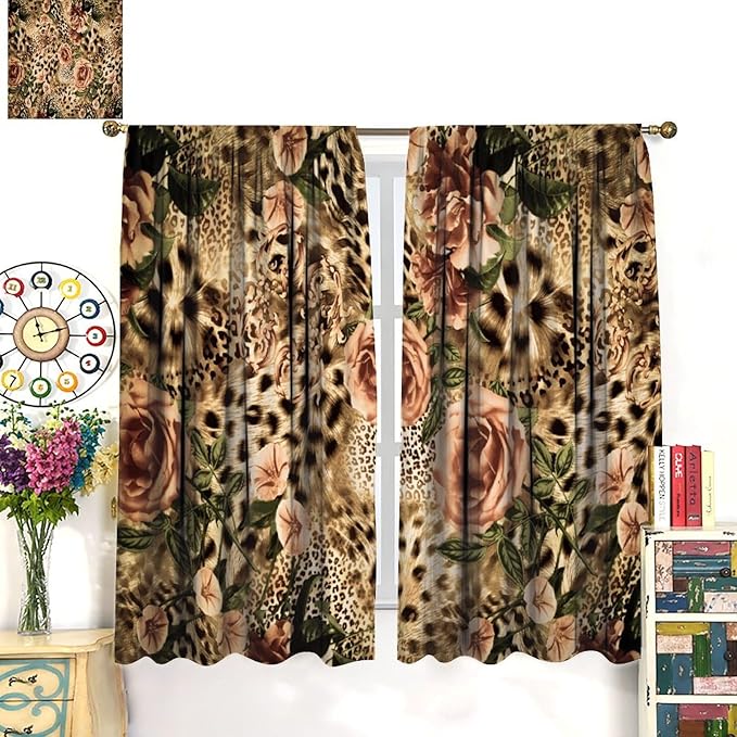 Leopard Floral Blackout Curtains, Cute Boho Floral Cheetah Animal Pattern Safari Natural Theme Window Treatments for Bedroom Living Room 72" W X 63" L