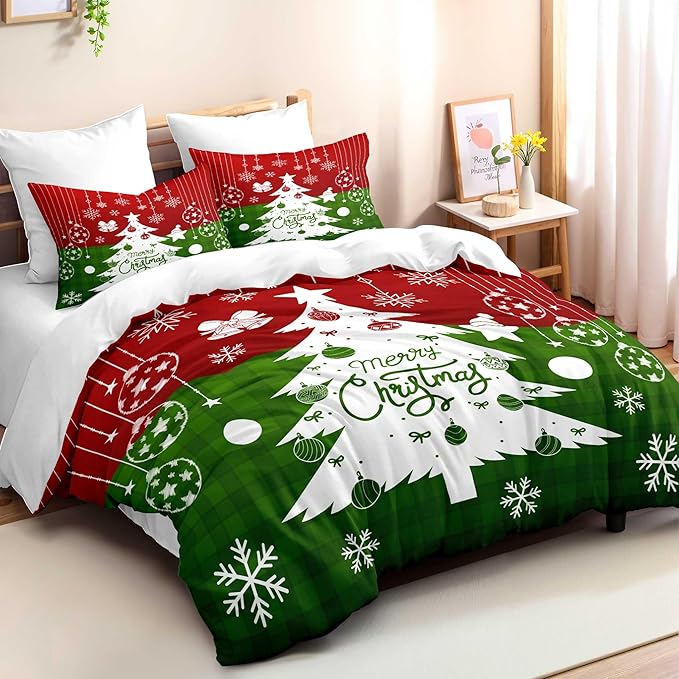 Red Christmas Duvet Cover Twin Size Green Christmas Tree Gingham Bedding Set 2 Pieces Kids Boys Girls Checked Holiday Pattern Comforter Cover with Zipper Closure And 1 Pillowcase (No Comforter)