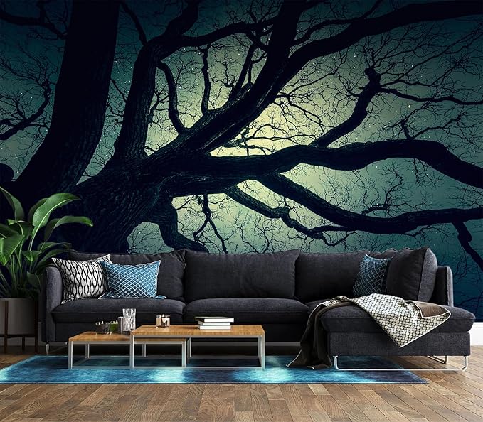 XMPMBM-Magic Forest backsplash Decorative Wallpaper Starry Sky Large Tree Bedroom Bathroom Wall Mural- W 154" X H 105"（112 Square Foot）