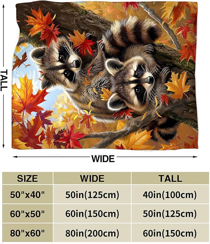 Raccoon Blanket Funny Raccoons Gifts for Girls Boys Woman Kids Raccoon Lover Maple Leaf Throw Blankets Soft Blanket Warm Fleece Flannel Plush Blankets for Bed Sofa Couch 60"x80"