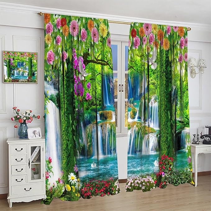 Jungle Nature Blackout Window Curtains, Trees Scenic Waterfall and River Spring Pattern Print Window Drapes, for Living Room Bedroom 52x84in 2 Panels