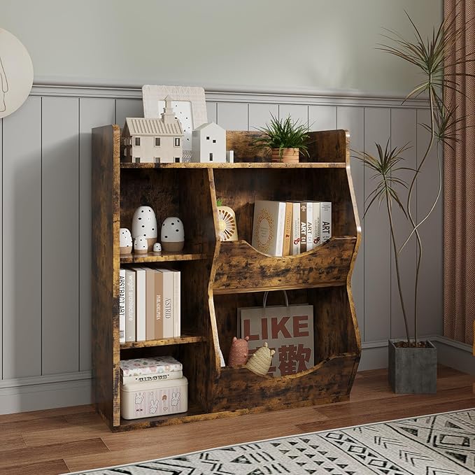 Kids Bookshelf, 32" 3-Tier Toy Storage Cabinet, Wooden Cube Storage Organizer with 5 Cubes and Spacious Top Shelf for Children's Room, Playroom, Hallway, Kindergarten, Bedroom, Playroom
