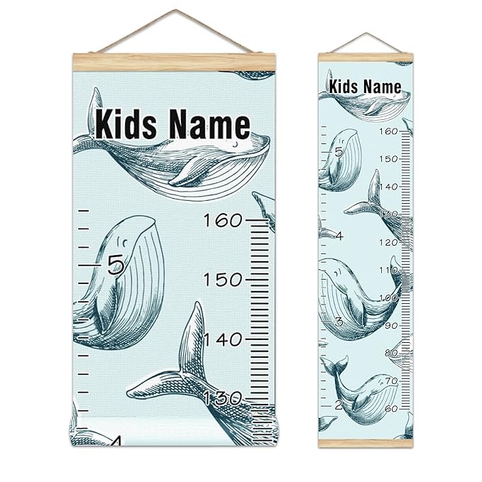 Personalized Kids Name Growth Chart Ruler for Wall Wood Frame Height Measure Chart 13.4x56 in Linen Hanging Height Growth Chart Ocean Dolphin Fish Kids Room Decor