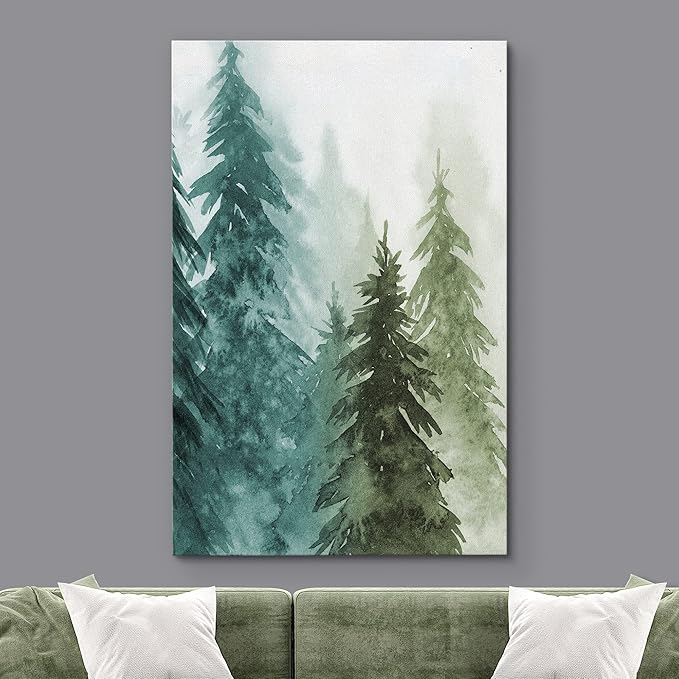 SIGNWIN Canvas Print Wall Art Woodland Nursery Decor Green & Teal Watercolor Forest Pine Trees Floral Nature Illustrations Modern Chic Dramatic Multicolor for Living Room, Bedroom, Office - 24"x36"