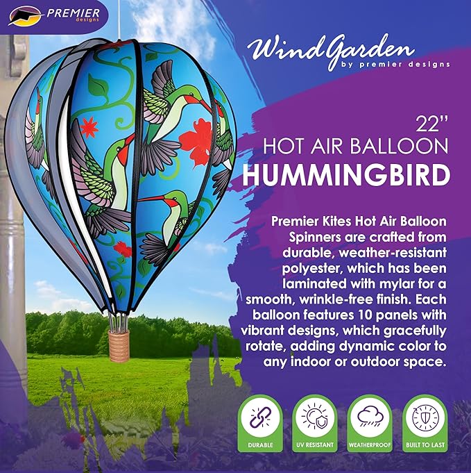 Hot Air Balloon Hanging Garden Spinner 22" - Vibrant Hummingbird Design, Weather-Resistant Outdoor Decor, Durable & Lightweight for Patios, Yards, and Gardens - Eye-Catching Wind Spinner