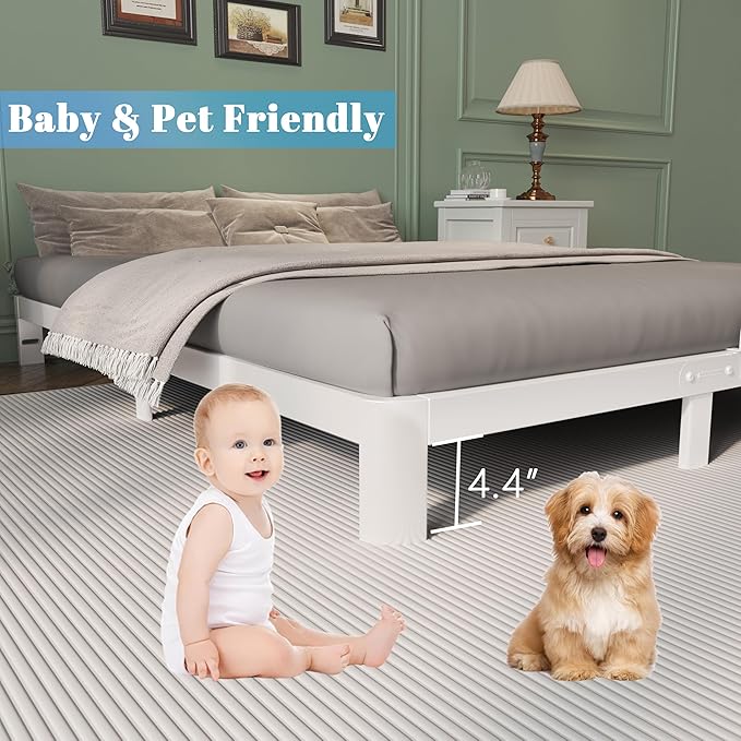 6 Inch Full Size Bed Frame with Metal Gaskets, White Full Bed Frame No Box Spring Need, Heavy Duty Steel Platform Support, Round Corner Legs, Easy Assembly, Noiseless
