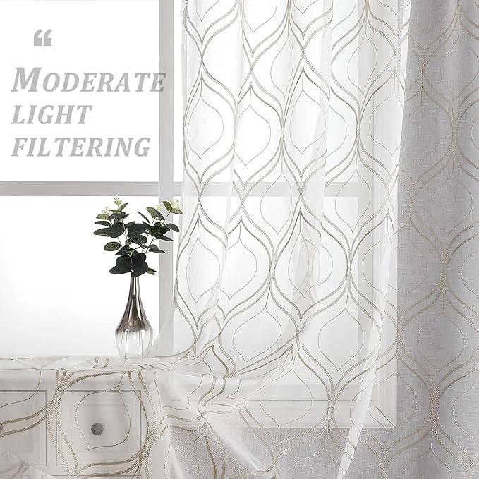 VISIONTEX White Sheer Curtains 95 Inches Long 2 Panels Set Brown Moroccan Embroidered Curtains Trellis French Textured Rod Pocket Voile Tulle Semi Window Drapes for Bedroom Living Room 54 x 95 Inches