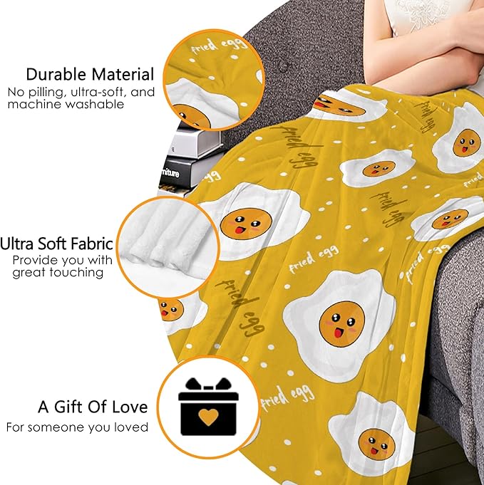 Thuswarm Cute Fried Eggs Kawaii Omelette Flannel Throw Blanket Warm Cozy Soft Cartoon Food Print Blankets for Bed Couch Sofa Room Decoration Gifts 60”×50” Medium for Teen