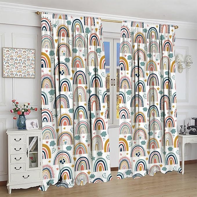 Kids Rainbow Curtains Boho Cartoon Colorful Stars Love Heart Lovely Abstract Art Pattern Print Window Drapes for Girl Bedroom Living Room Kitchen Decor,2 Panel Set,42Wx45H Inch Blackout